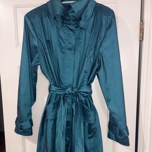 Samuel Dong Teal Satin Trench Coat